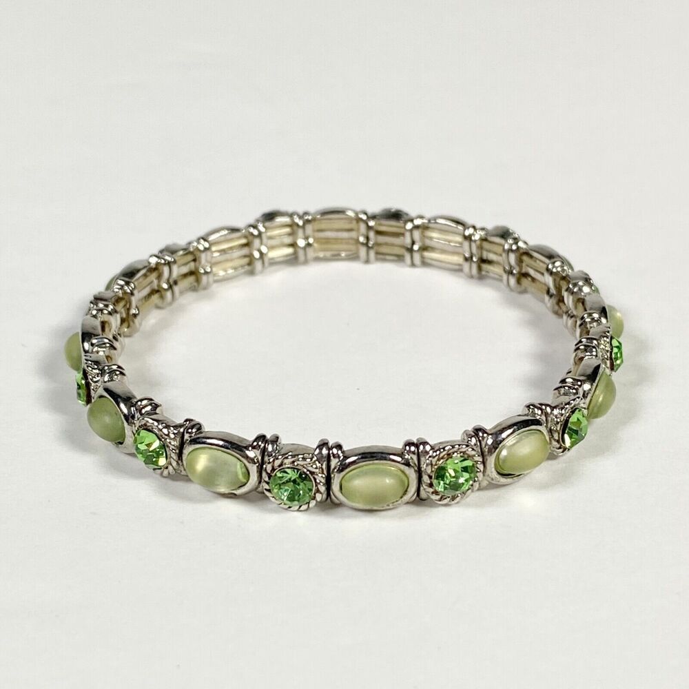 Cats Eye Cabochon Bracelet Green Crystal Dainty Silver Tone Stretch Jewelry